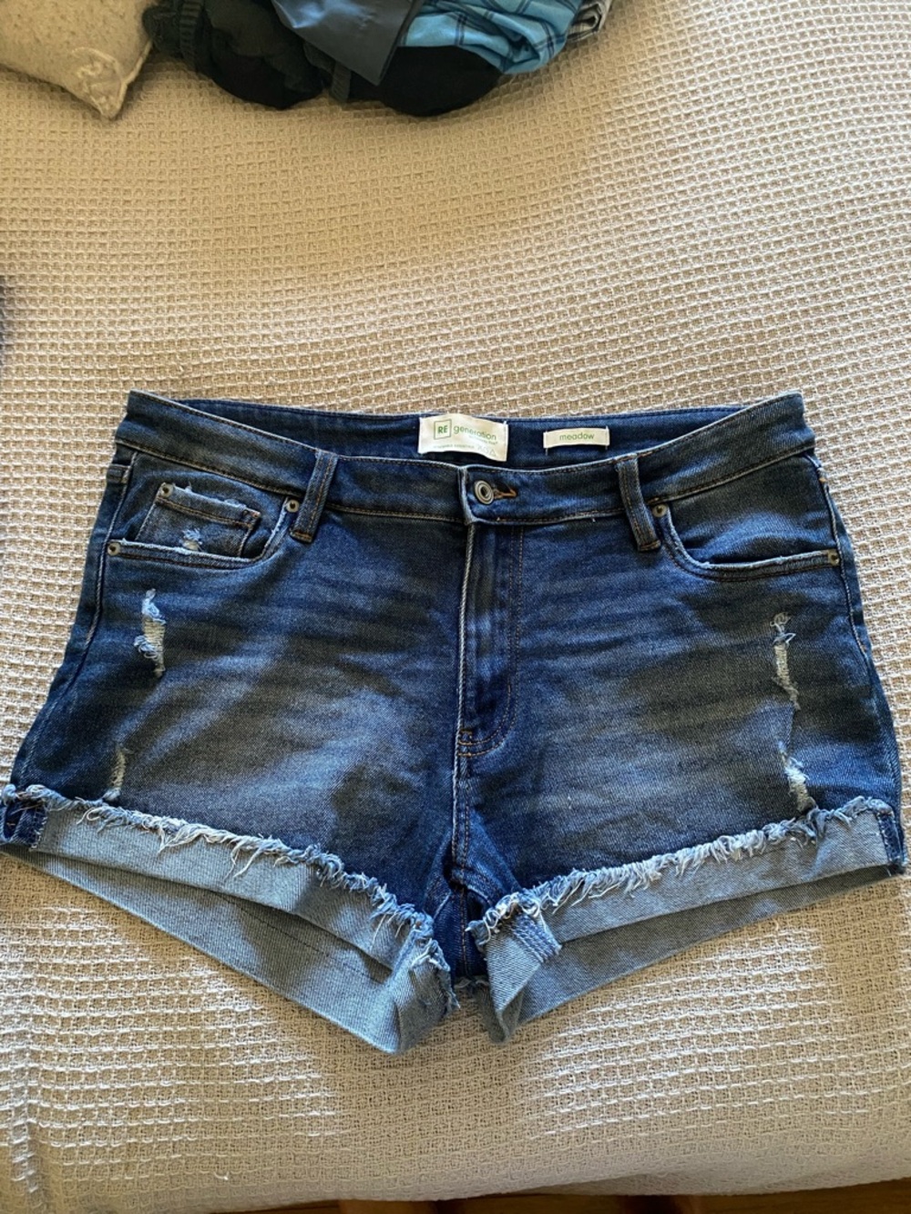 Celebrity Pink Dark Blue Distressed Roll-Hem Jean Shorts